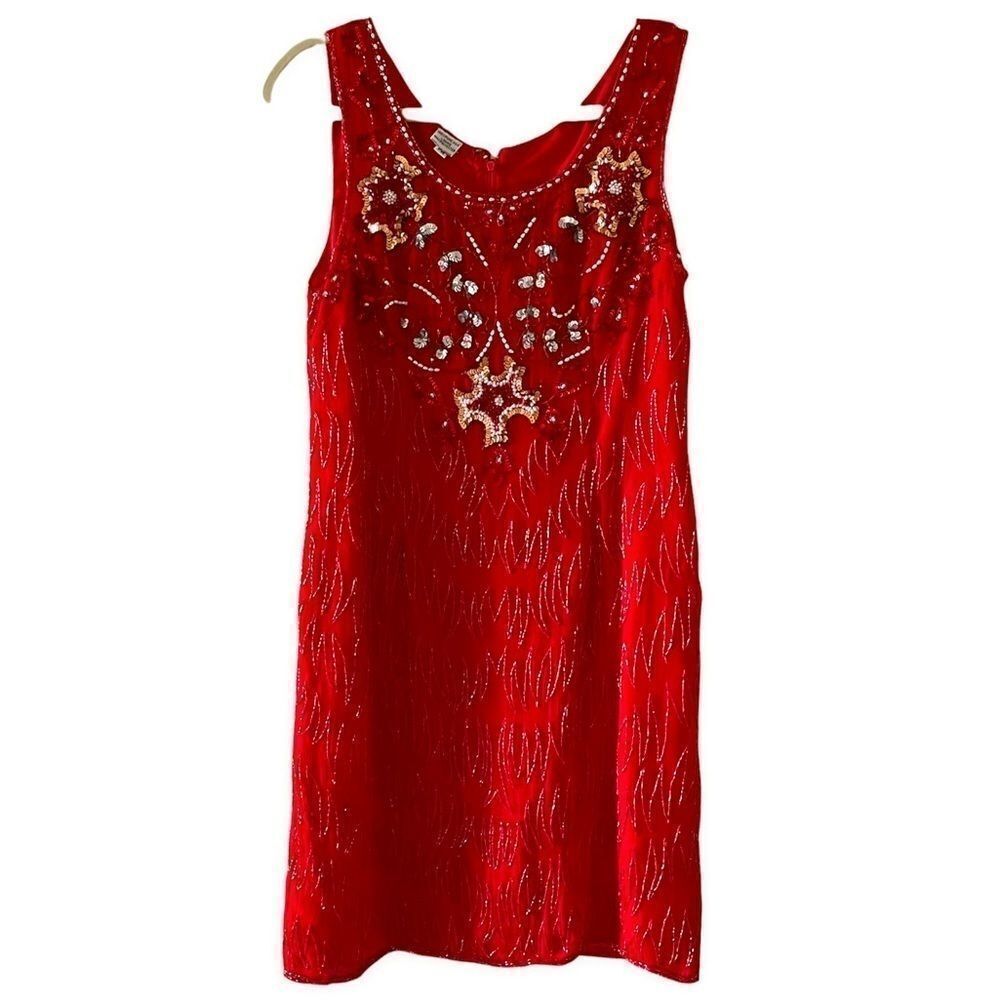 NWOT 1980’s Vintage Scala Art Deco Red Beaded Sequin 100% Silk Shift Dress Sz PM